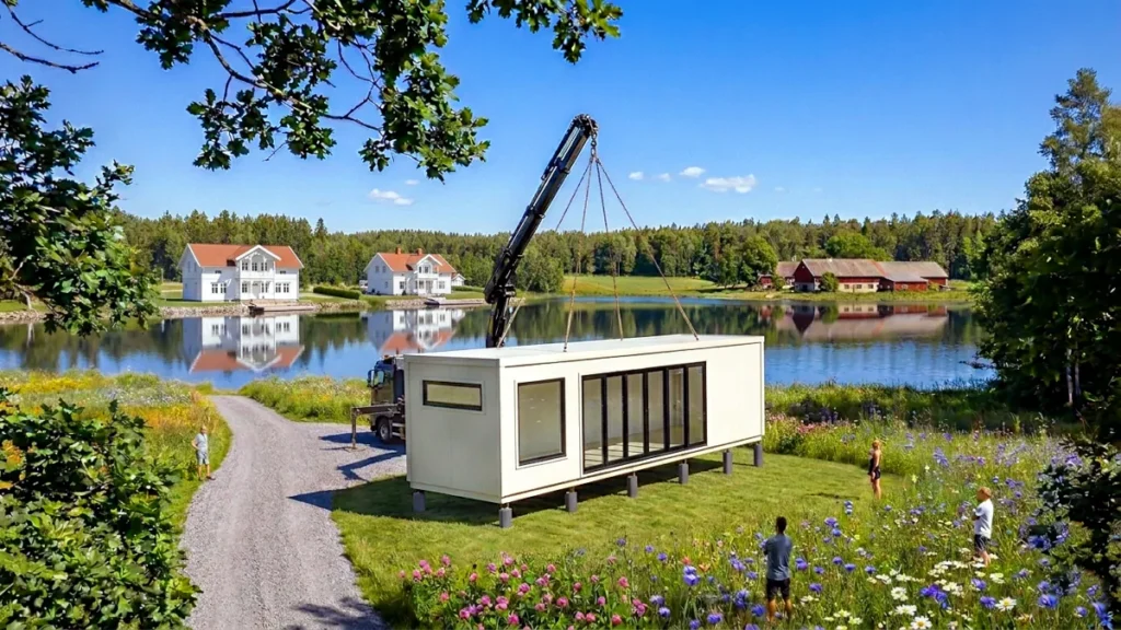 Leveransen av containerhusen sker ofta med en kranlastbil.