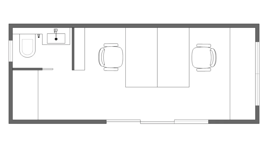 Kontorscontainer med plats för 1-2 arbetsplatser. Planskiss med exempel på tänkbar möblering.