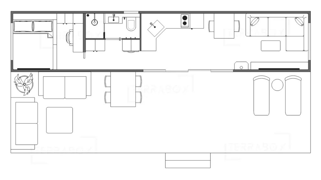 Containerhus om 40 fot planerad för långtidsboende och med extra mycket förvaringsutrymmen och vinterisolerad.