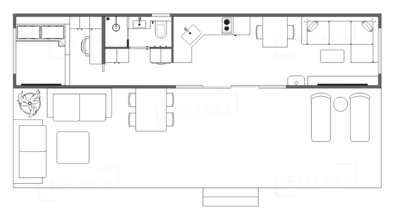 Containerhus om 40 fot planerad för långtidsboende och med extra mycket förvaringsutrymmen och vinterisolerad.