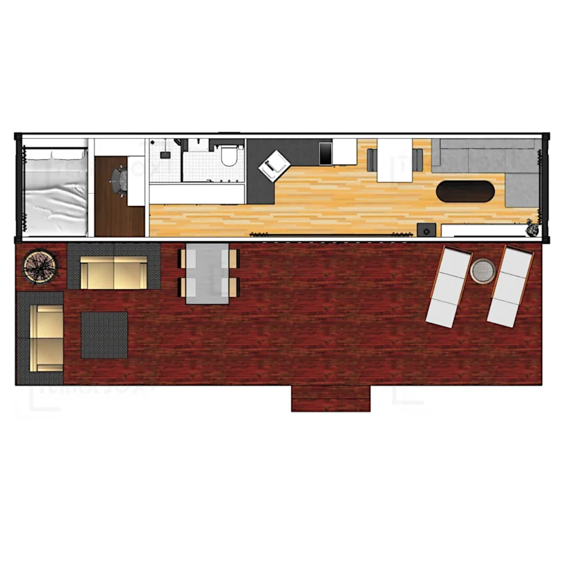 Containerhus om 40 fot planerad för långtidsboende med vinterisolering och extra mycket förvaringsutrymmen.