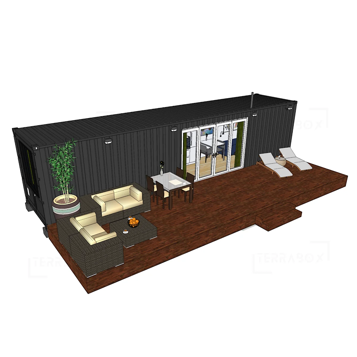 Containerhus om 40 fot planerad för långtidsboende och med extra mycket förvaringsutrymmen och vinterisolerad.