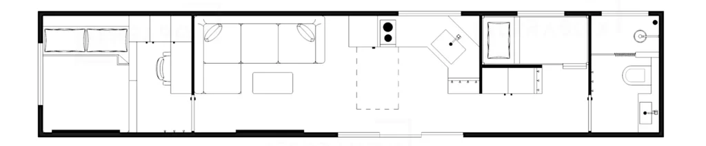 Vinterisolerat containerhus på 40 fot med två sovrum och fyra sovplatser. Planritning beskuren i 2D.