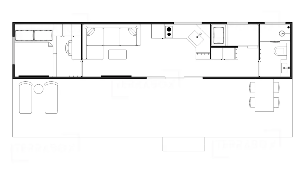 Vinterbonat containerhus med två sovrum och fyra sovplatser. L-format kök. Planritning i 2D med veranda.
