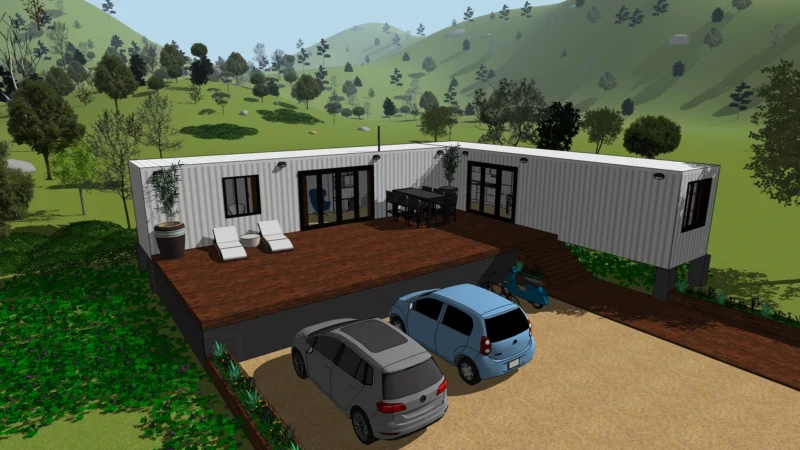 Nybyggda vinterisolerade containerhus byggda av två containrar med två separata sovrum. Stora glasade skjutdörrar både i vardagsrummet och i köket ger rikligt med naturligt ljusinsläpp.