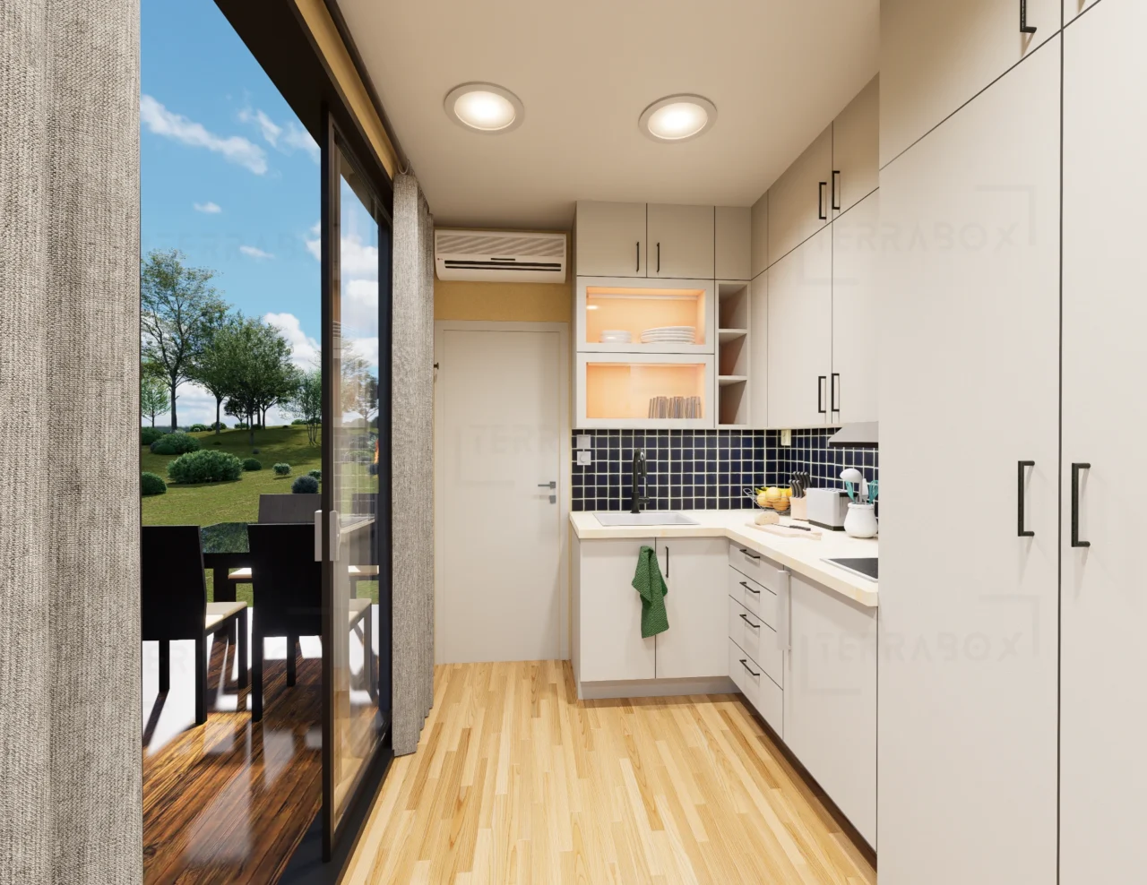 Nybyggt vinterbonat containerhus och attefallshus inrett som möjlig permanent bostad med ett kapabelt kök.