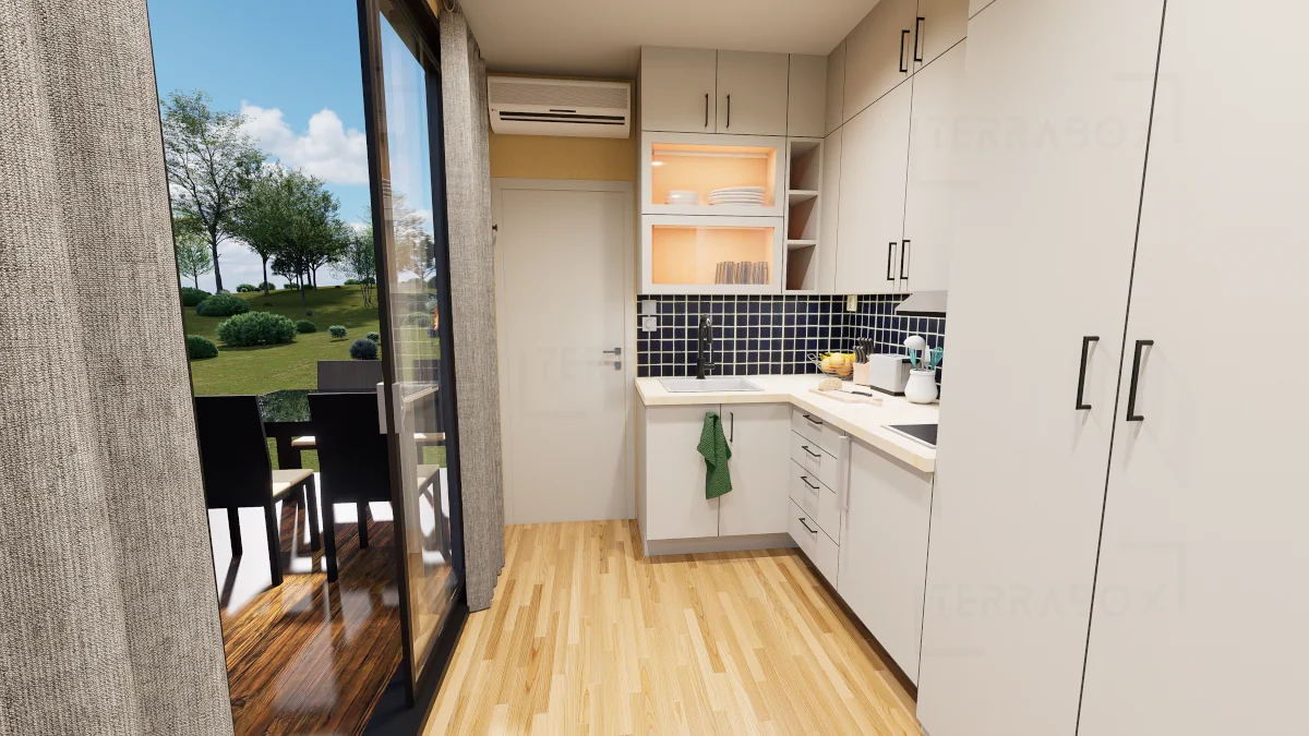 Kompakt containerhus utrustad för permanent året-runt boende.