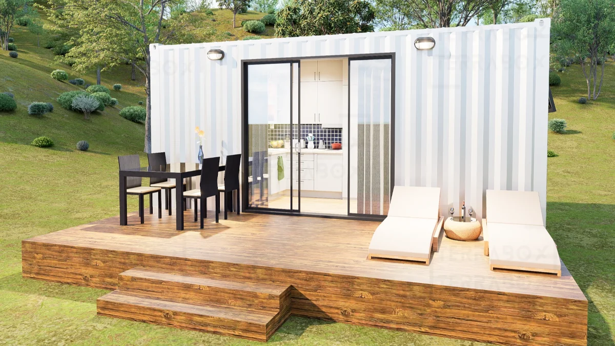 Kompakt containerhus utrustad för permanent året-runt boende.