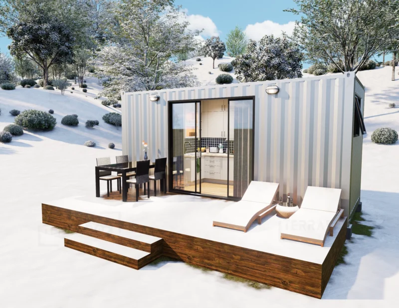 Nybyggda vinterisolerade containerhus och attefallshus inredda som en möjlig permanentbostad med bl.a. badrum, kök och dubbelsäng.