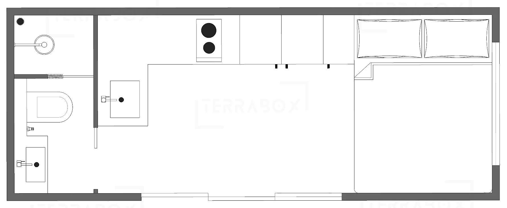 Planskiss på kompakt vinterbonat containerhus inredd som möjlig permanent bostad med bl.a. badrum, kök och dubbelsäng.