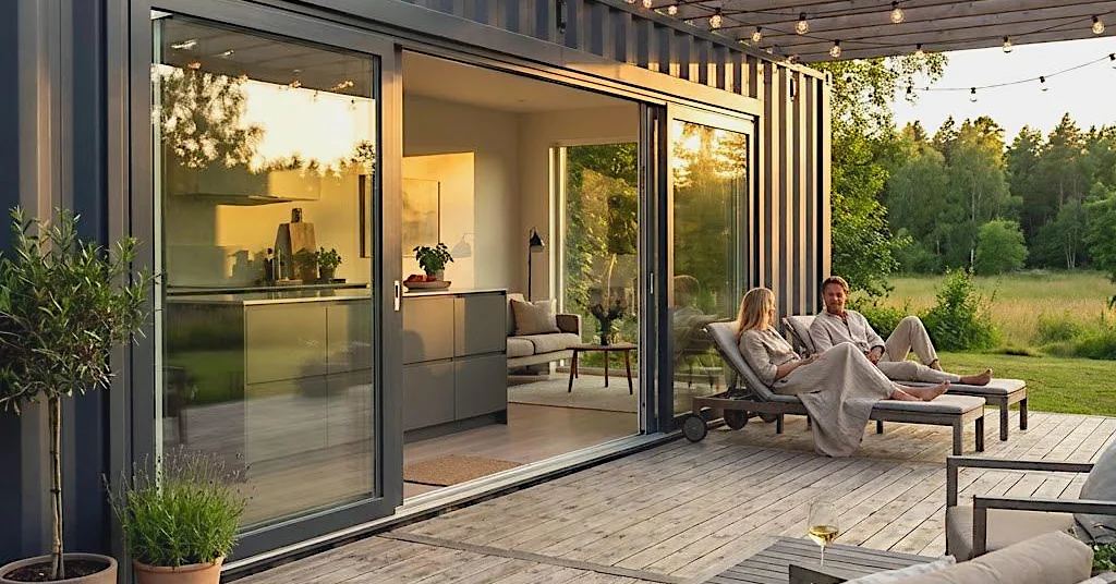 Containerhus med en träveranda som uteplats