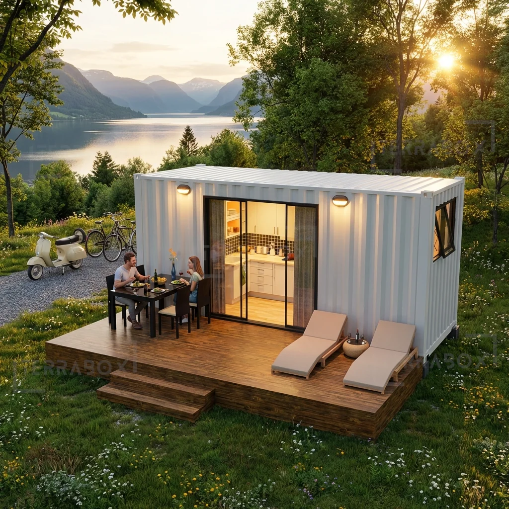 Nybyggt vinterbonat containerhus och attefallshus utrustat för permanent året-runt boende.