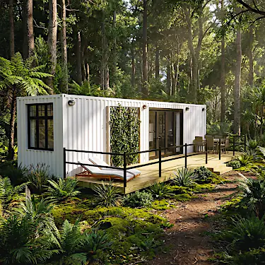Containerhus Varberg i skogen i Sverige, en av våra nybyggda nyckelfärdiga vinterisolerade containerbostäder för permanent bostad