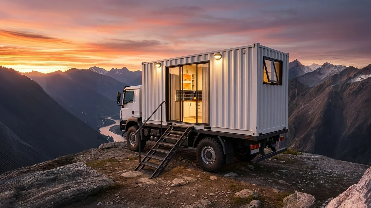 Nybyggt vinterbonat containerhus och attefallshus som kan lastas på en lastbil och användas som ett vinterbonat mobilt hem.
