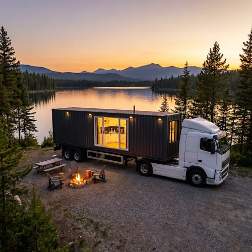 Nybyggda vinterisolerade containerhus kan lastas på en lastbil och då även användas som mobila hem.