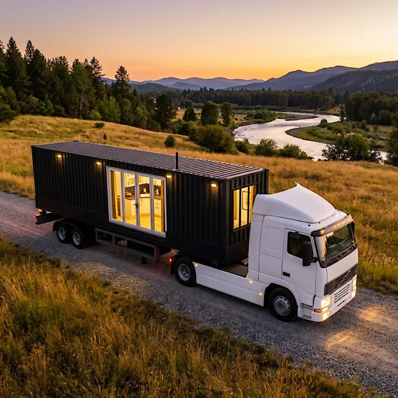 Containerhusen kan lastas på en lastbil och användas som mobila hem.
