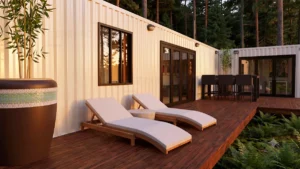 Rymligt containerhus byggt av två containrar med två separata sovrum. Stora glasade skjutdörrar både i vardagsrummet och i köket ger rikligt med naturligt ljusinsläpp.